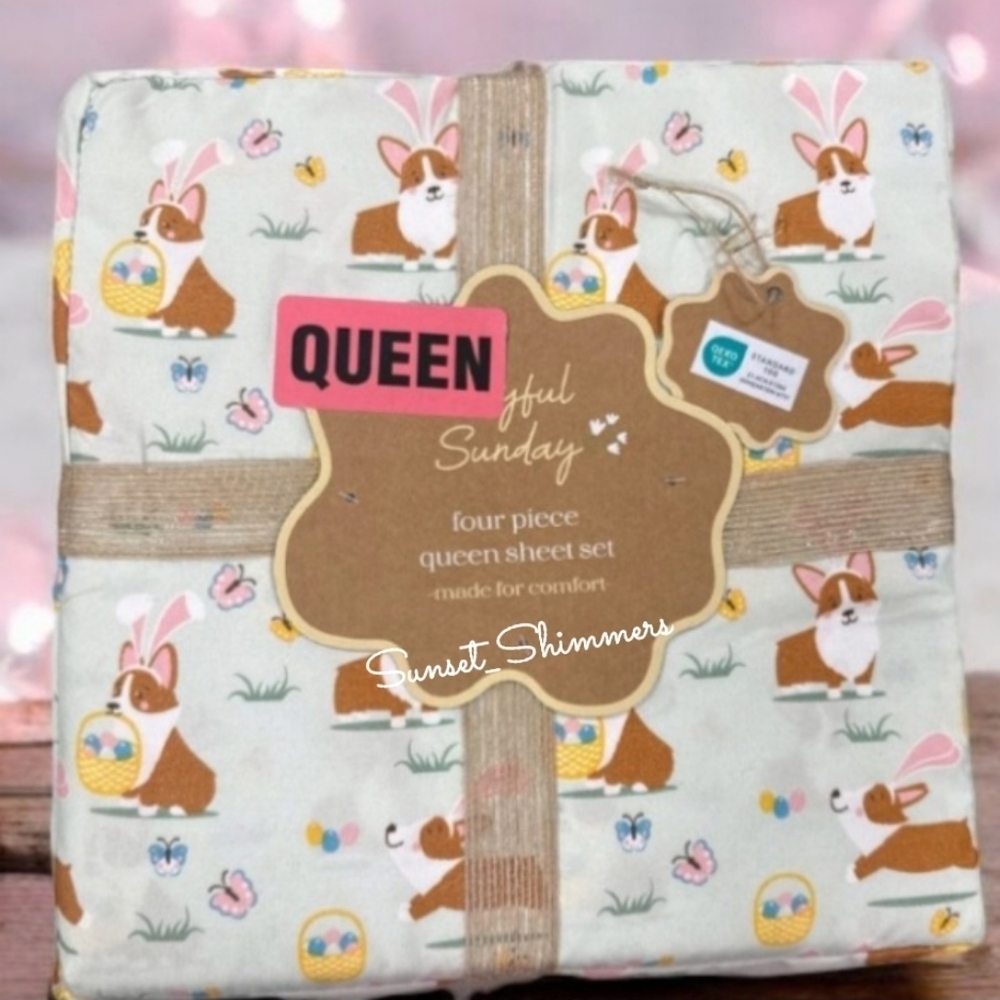 4pc Corgi Dog Easter Bunny Egg Basket Butterfly QUEEN Sheet Set Spring Bed Decor